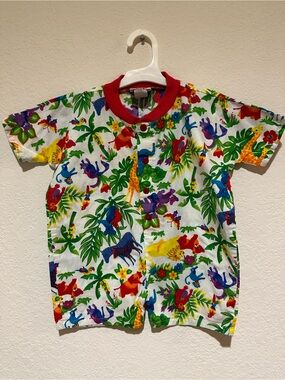 Vintage 1987 Flap Happy Jungle Animals Short Sleeve Button Romper - Red Trim